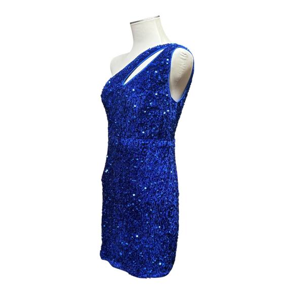 One Shoulder Velvety Sequin Mini Dress Blue Medium - Picture 3 of 8